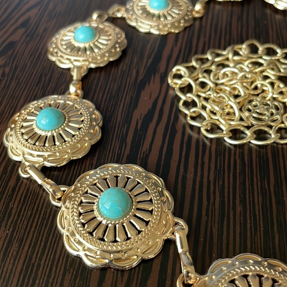 M/L Gold Tone/Faux Turquoise Metal Chain Belt - Picture 2 of 6